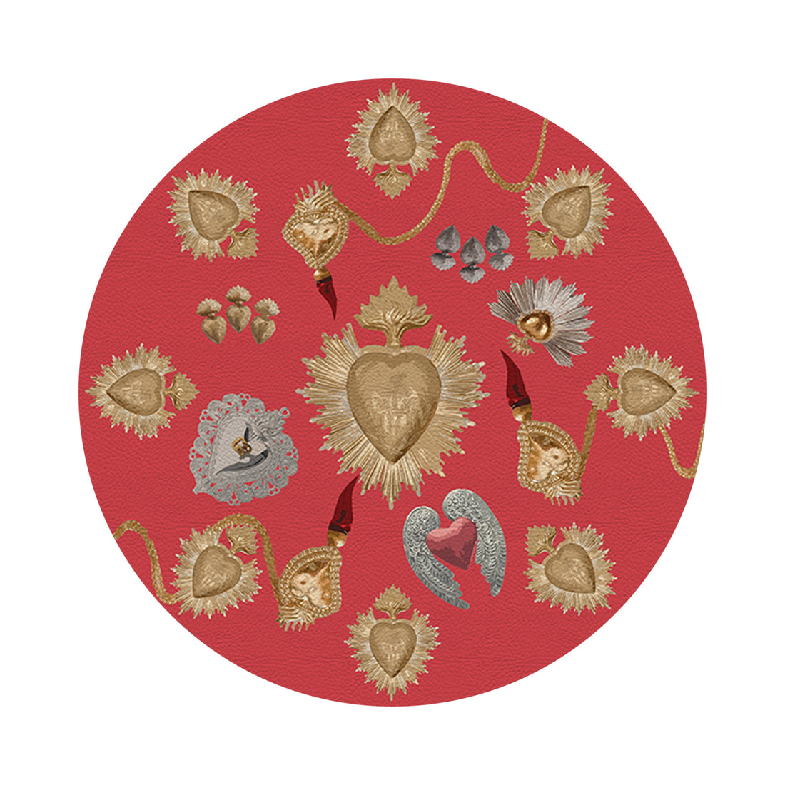 Ex Vote Sacred Hearts Crimson 16" Round Pebble Placemats, Set of 4 - nicolettemayer.com