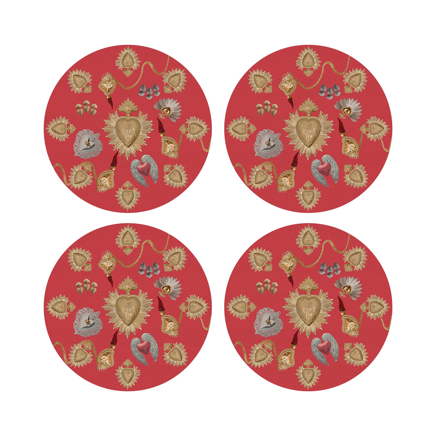 Ex Vote Sacred Hearts Crimson 16&quot; Round Pebble Placemats, Set of 4 - nicolettemayer.com
