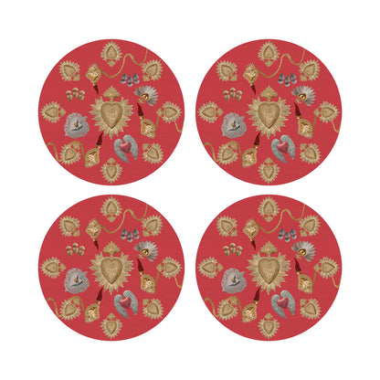 Ex Vote Sacred Hearts Crimson 16&quot; Round Pebble Placemats, Set of 4 - nicolettemayer.com
