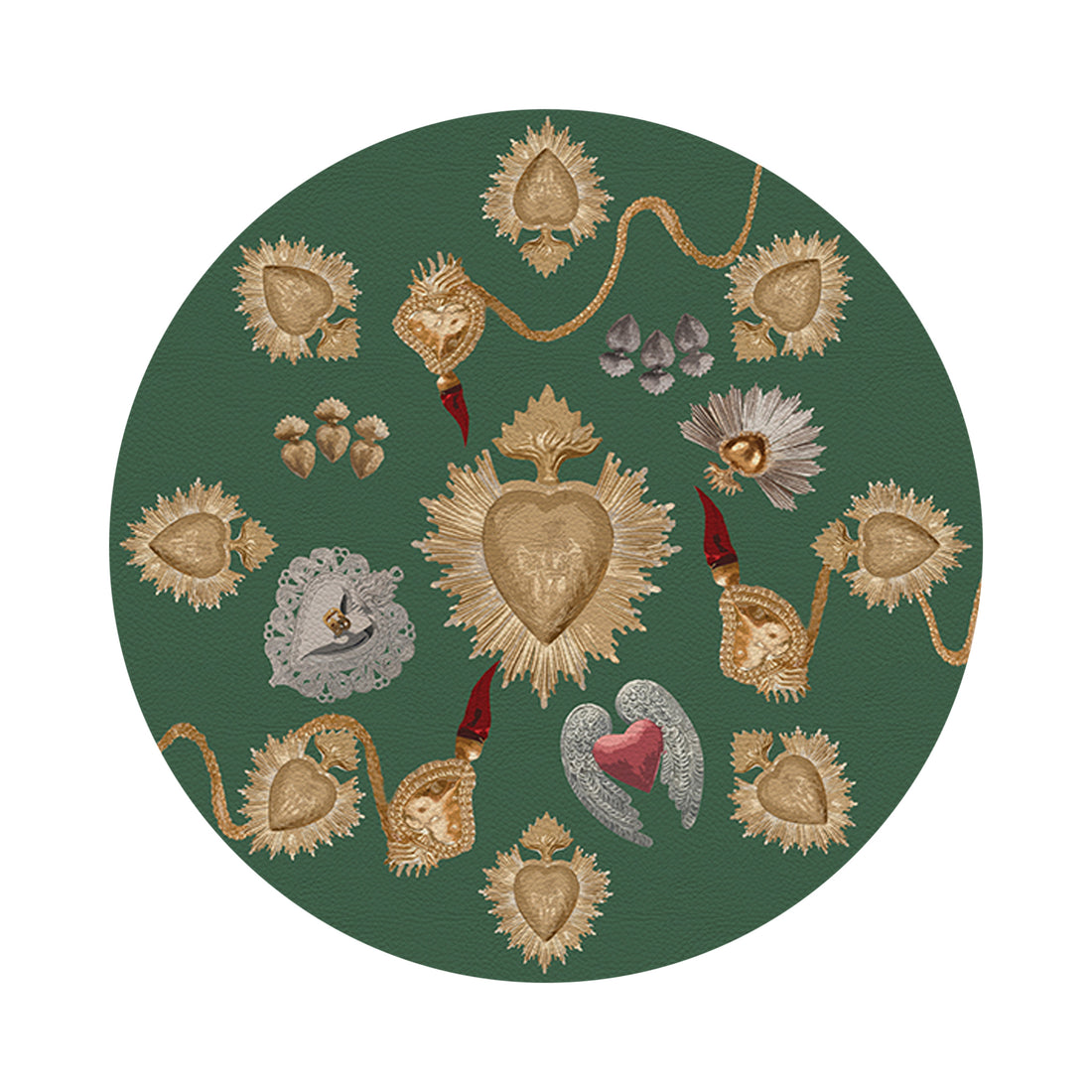 Ex Vote Sacred Hearts Evergreen 16" Round Pebble Placemats, Set of 4 - nicolettemayer.com