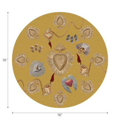 Ex Vote Sacred Hearts Gold Vegan Leather Round Pebble Placemat