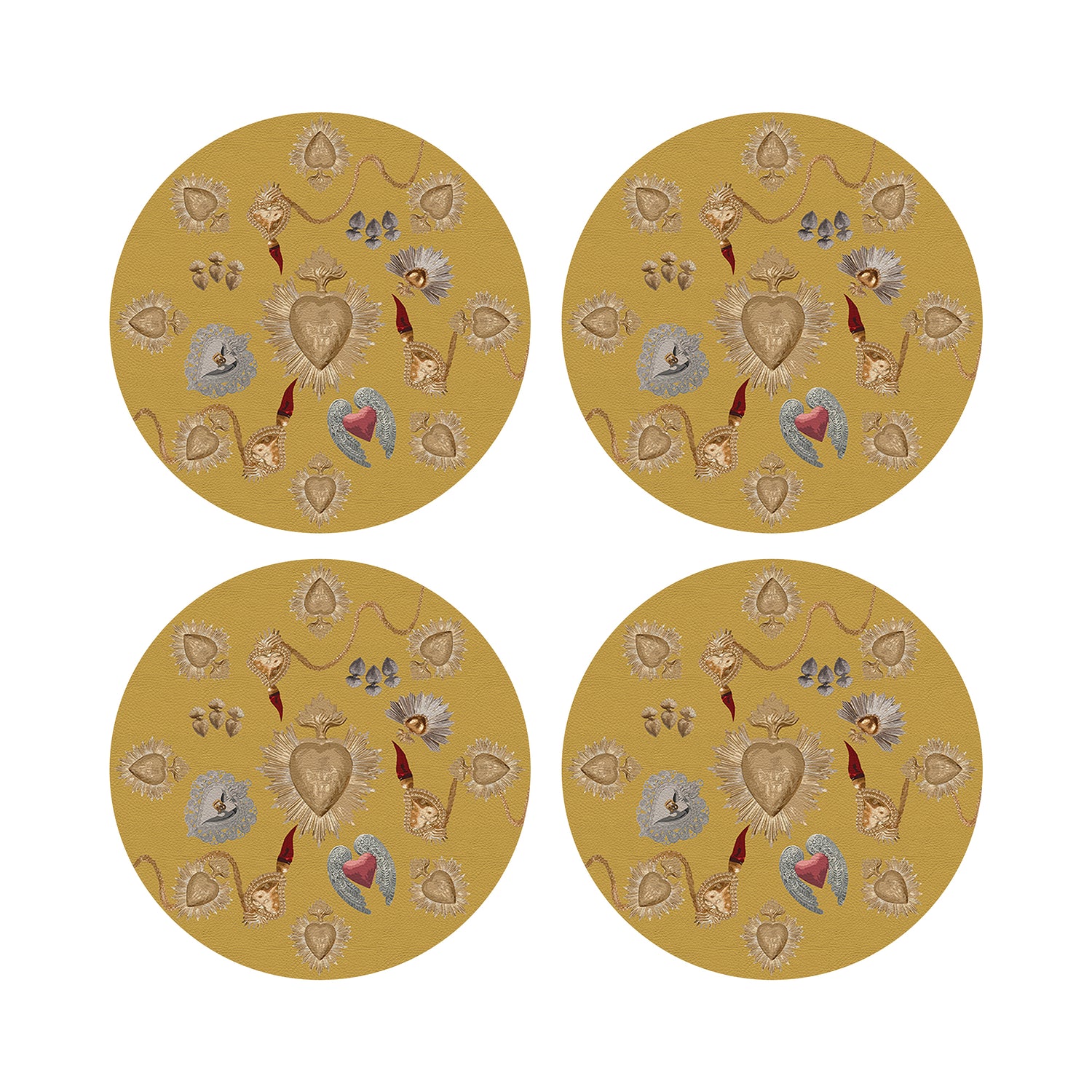 Ex Vote Sacred Hearts Gold 16&quot; Round Pebble Placemats, Set of 4 - nicolettemayer.com
