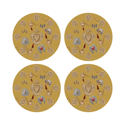 Ex Vote Sacred Hearts Gold 16&quot; Round Pebble Placemats, Set of 4 - nicolettemayer.com
