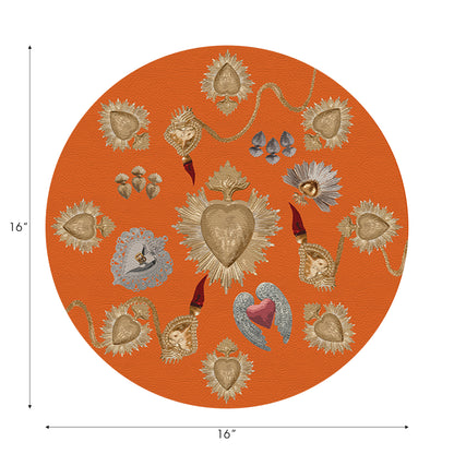 Ex Vote Sacred Hearts Orange Vegan Leather Round Pebble Placemat