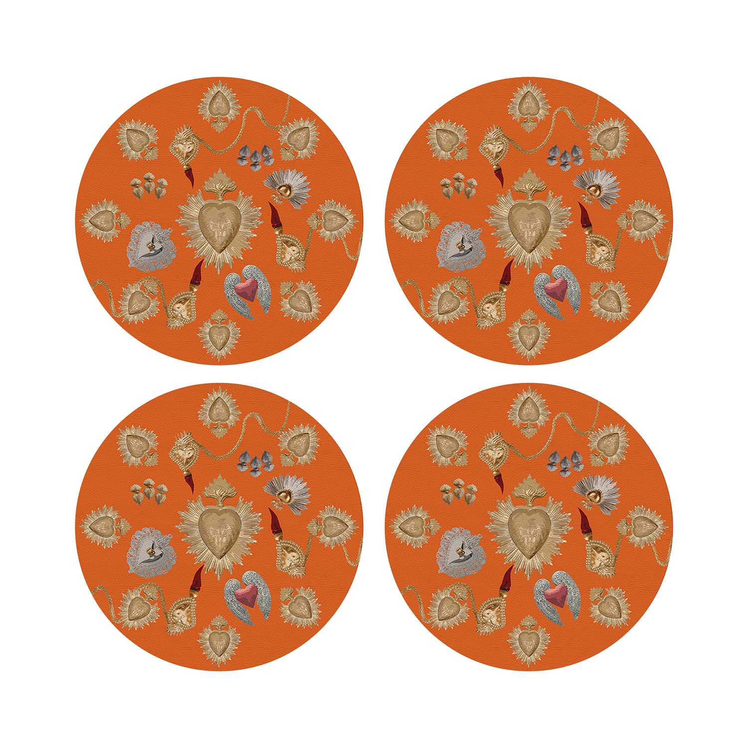 Ex Vote Sacred Hearts Orange 16&quot; Round Pebble Placemats, Set of 4 - nicolettemayer.com
