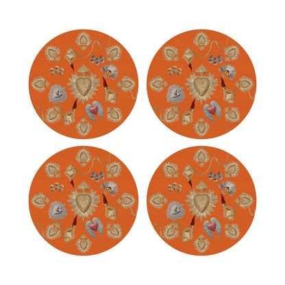 Ex Vote Sacred Hearts Orange 16&quot; Round Pebble Placemats, Set of 4 - nicolettemayer.com
