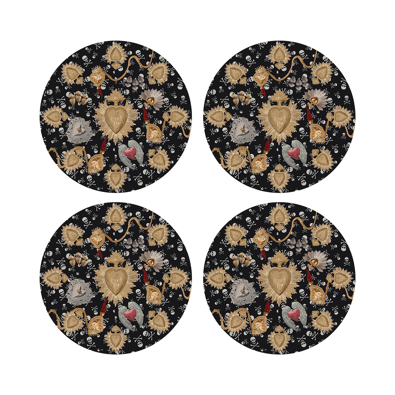 Ex Vote Skulls Black 16&quot; Round Pebble Placemat Set of 4 - nicolettemayer.com