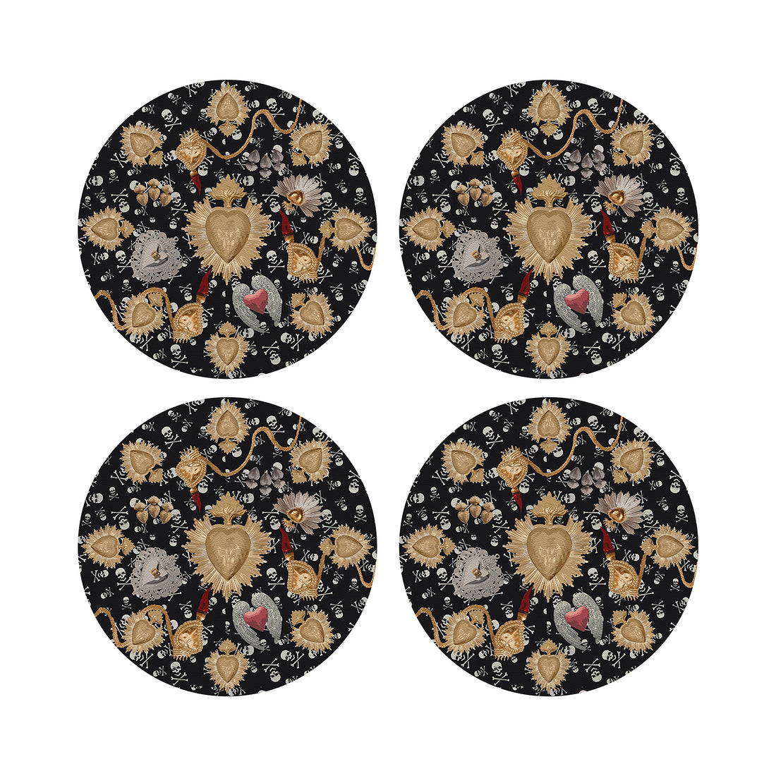 Ex Vote Skulls Black Vegan Leather Round Coasters