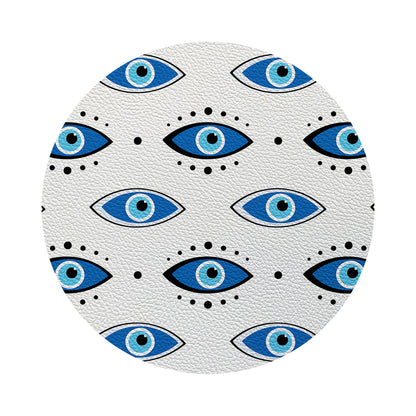 Eyes Blue White Vegan Leather Round Coasters