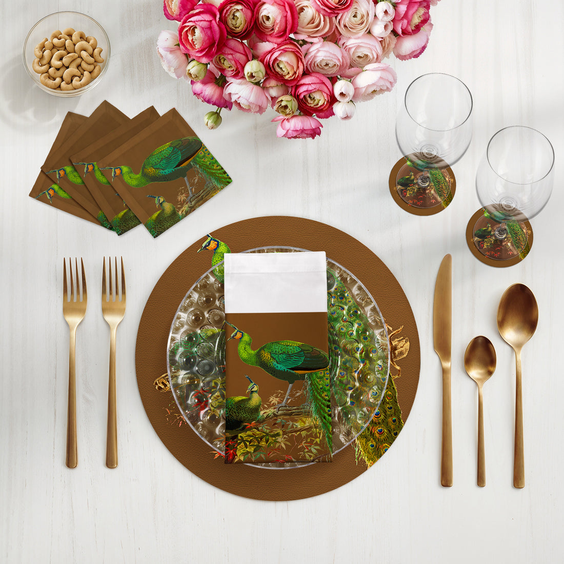 Ensemble de 4 sets de table ronds en galets de 40,6 cm, motif faisans familiaux, marron