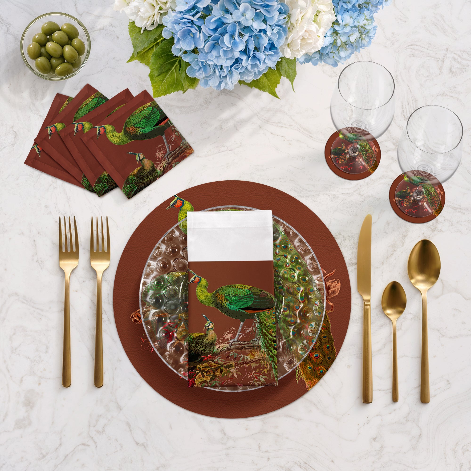 Family Pheasants Rust Vegan Leather Round Pebble Placemat