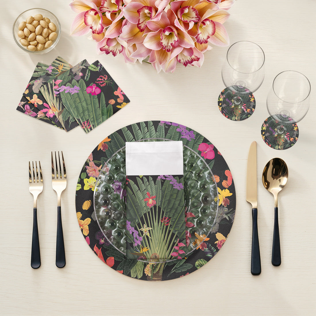 Fantasy Tropical Black Vegan Leather Round Pebble Placemat - nicolettemayer.com