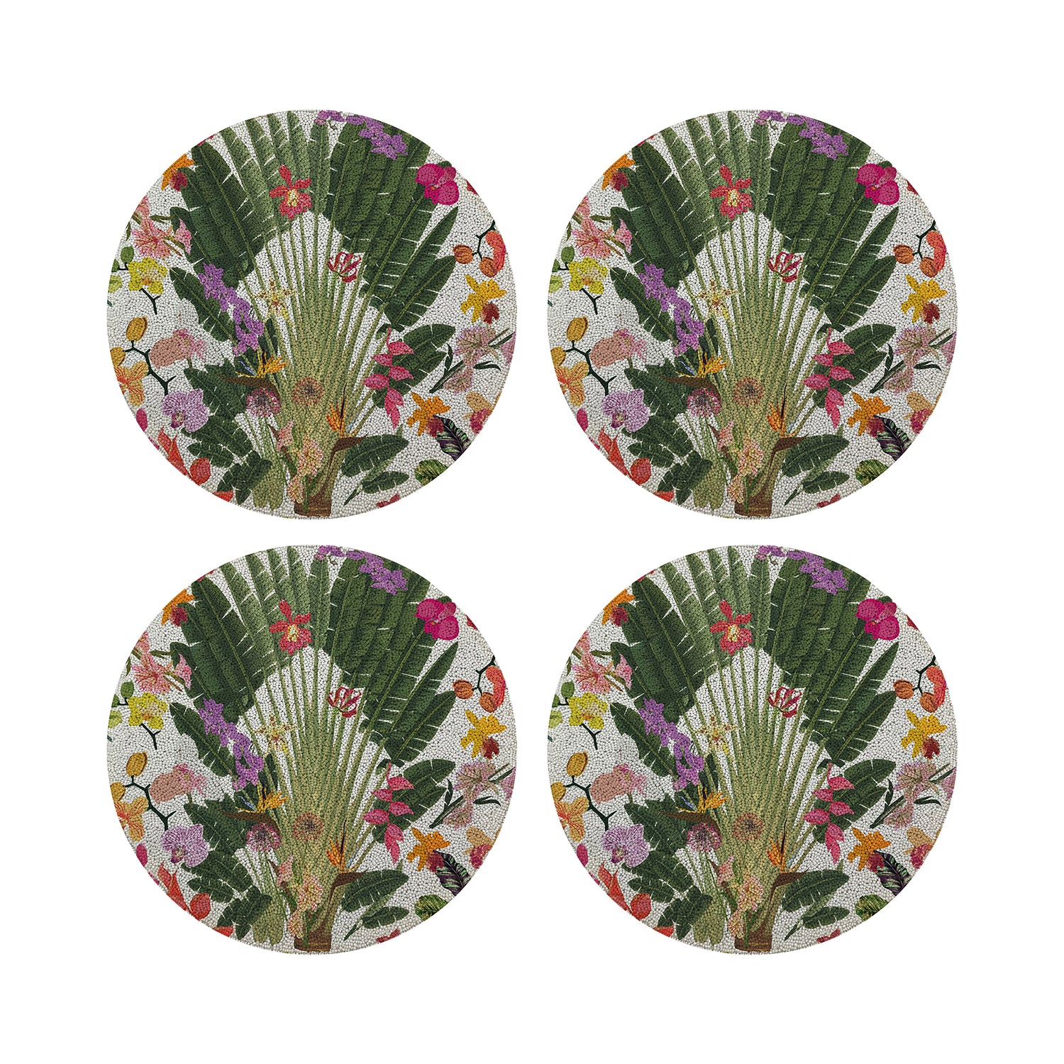 Fantasy Tropical White Round Beaded Placemat Smooth