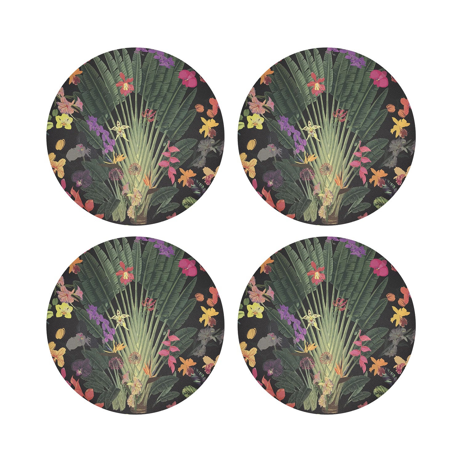 Fantasy Tropical Black 16&quot; Round Pebble Placemats, Set of 4 - nicolettemayer.com
