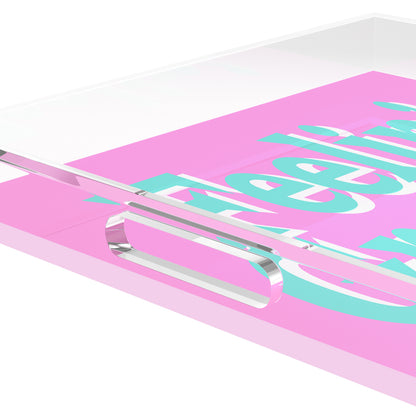 Feelin Groovy Pink Turquoise White Acrylic Decorative Tray, 18 x 18 in. by Nicolette Mayer 