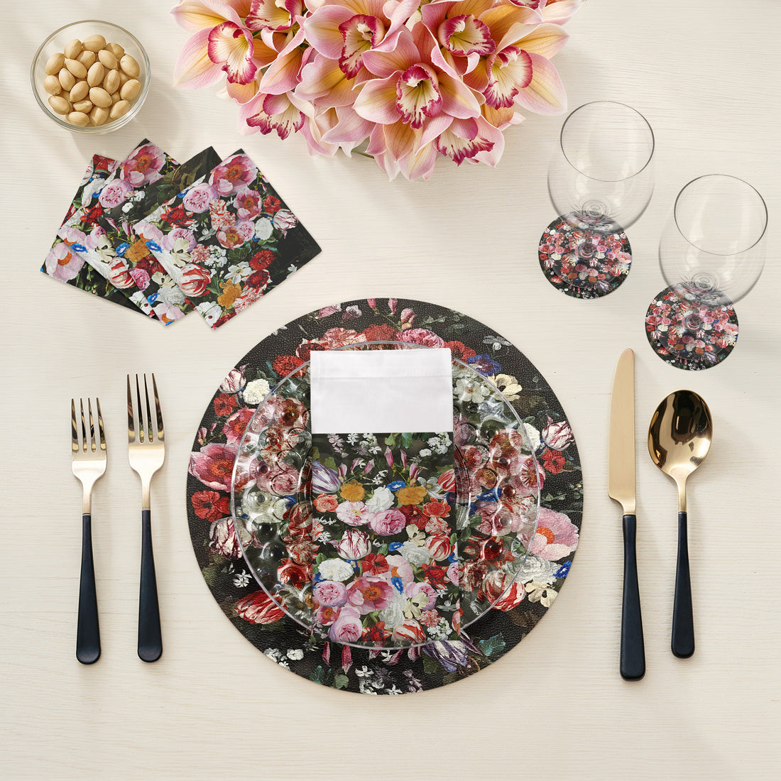Festoon Flowers Vegan Leather Round Pebble Placemat