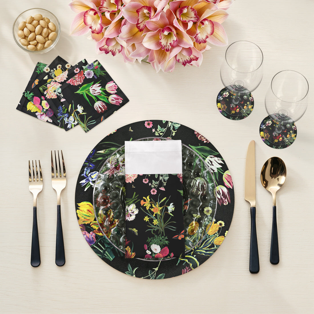 Flora Fauna Black Vegan Leather Round Pebble Placemat - nicolettemayer.com
