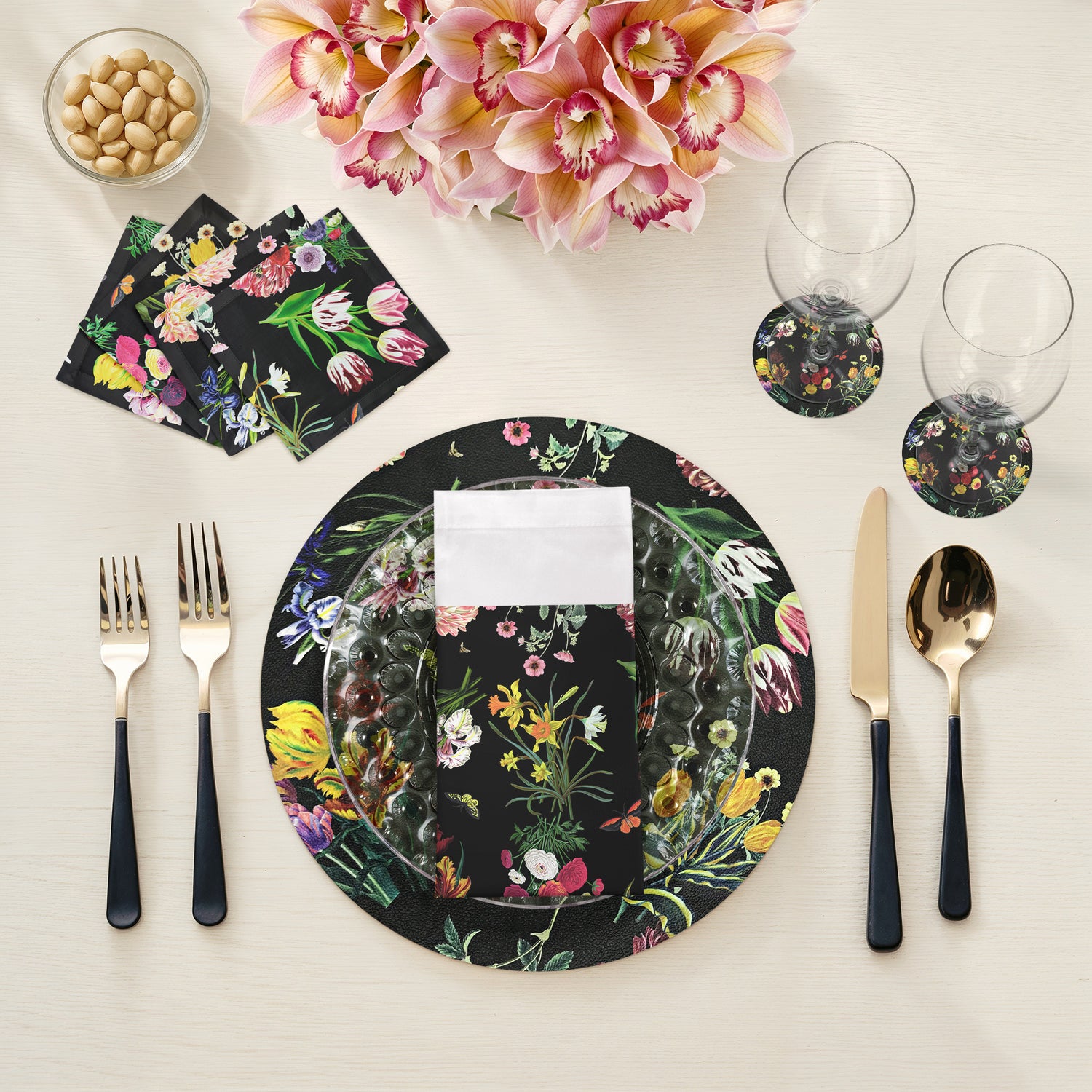 Flora Fauna Black Vegan Leather Round Pebble Placemat - nicolettemayer.com