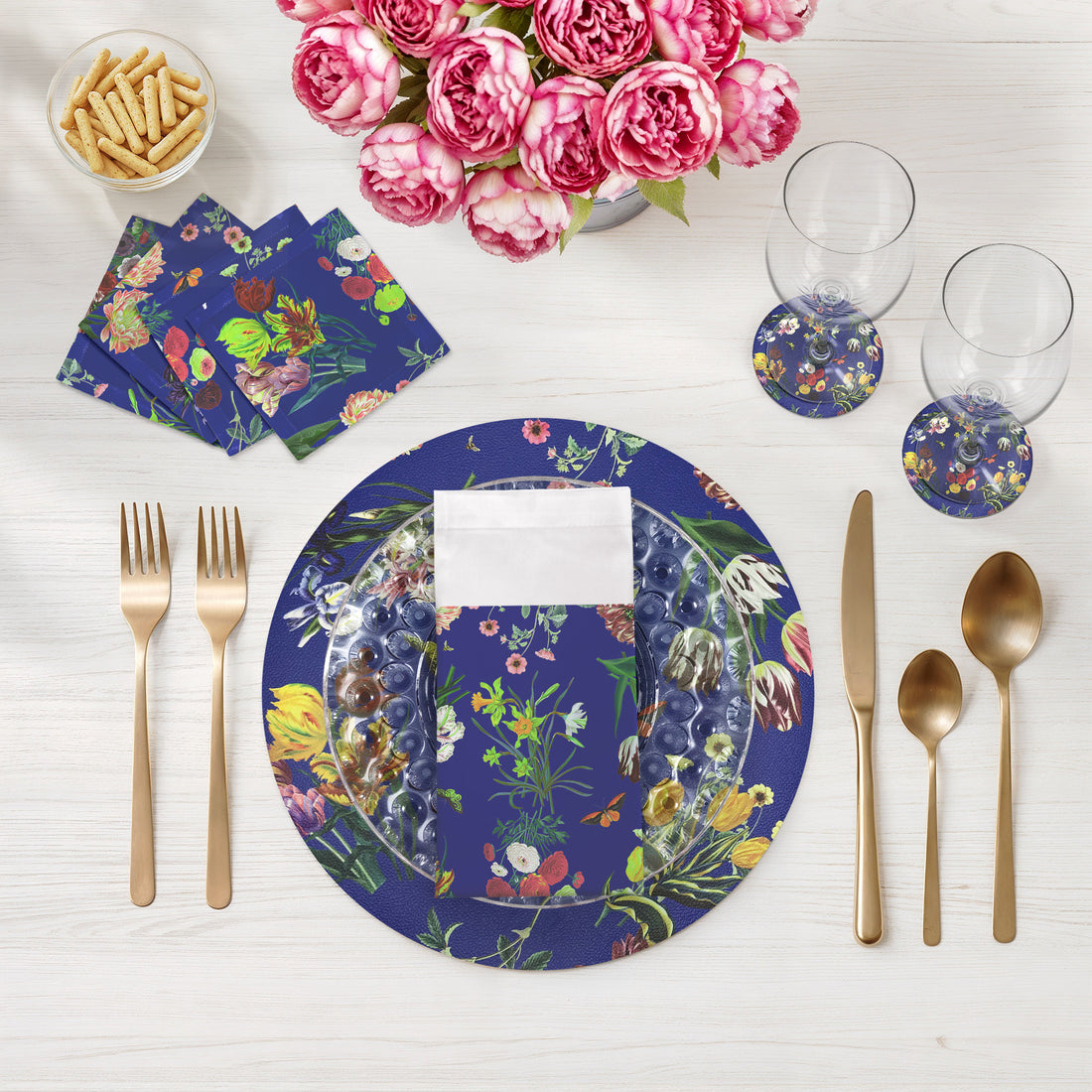 Flora Fauna Blue Vegan Leather Round Pebble Placemat - nicolettemayer.com