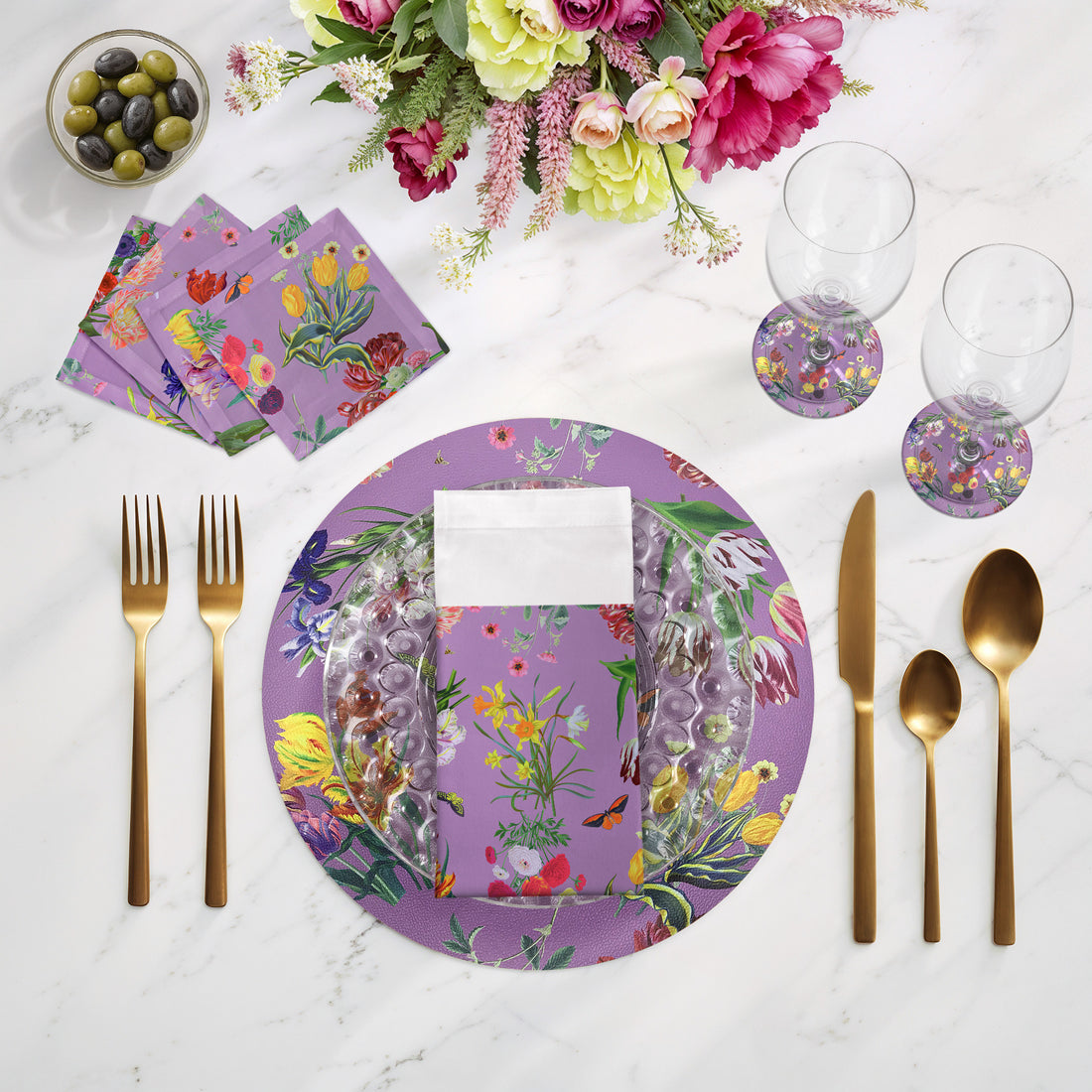 Flora Fauna Orchid Vegan Leather Round Pebble Placemat - nicolettemayer.com