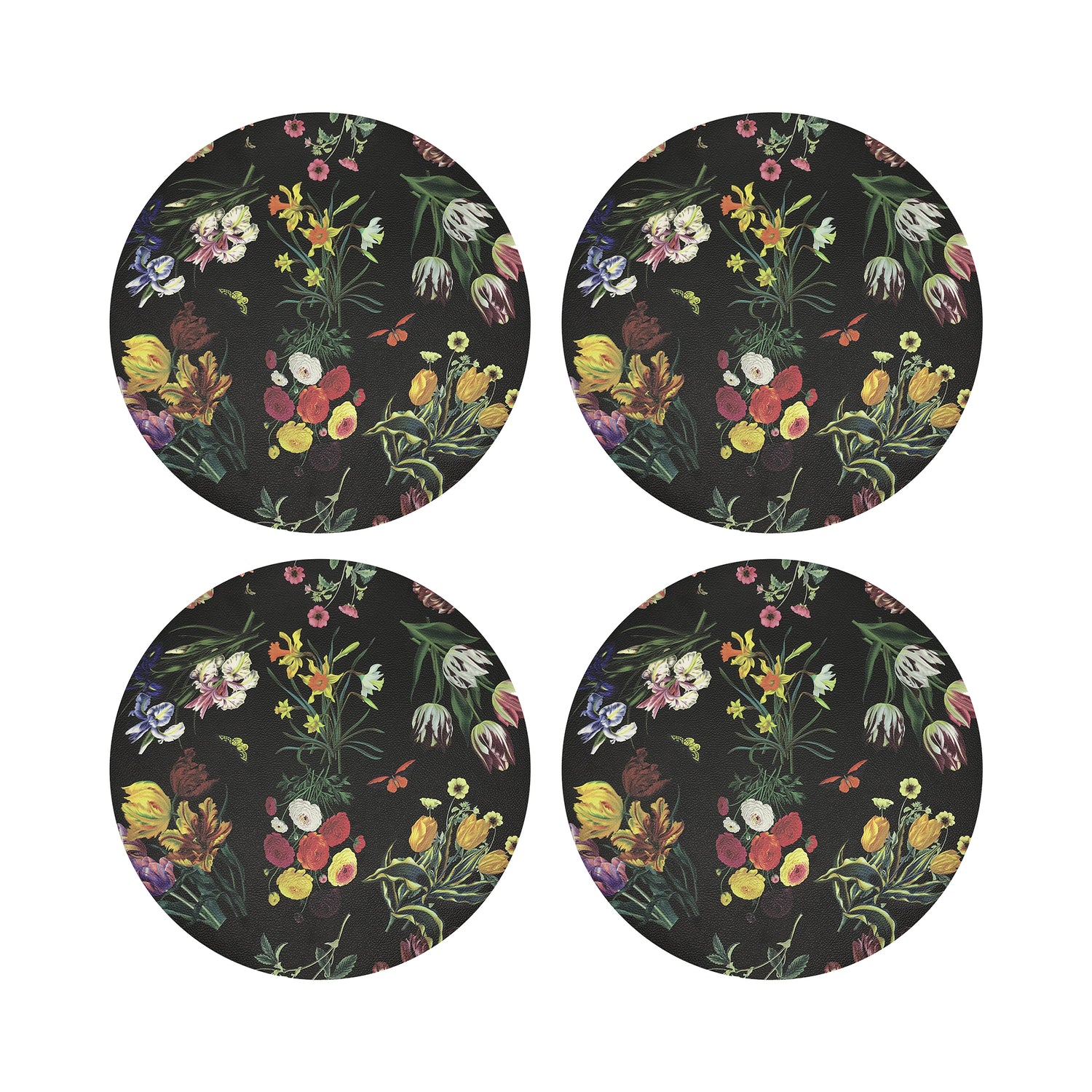 Flora Fauna Black 16&quot; Round Pebble Placemats, Set of 4 - nicolettemayer.com
