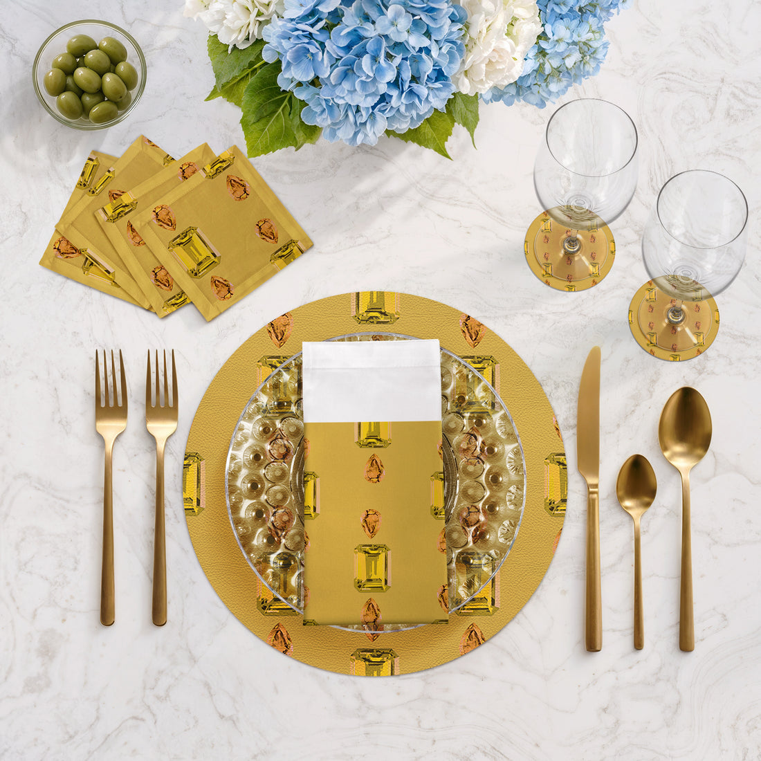 Edelstein-Tischsets mit Citrinen und Saphiren, rund, 40,6 cm, Kieselstein-Muster, 4er-Set