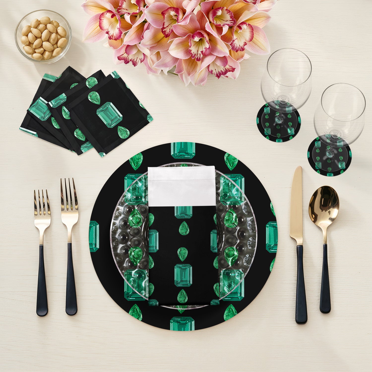 Gem Emeralds Tischset, rund, Kieselsteine, Schwarz, 40,6 cm, 4er-Set