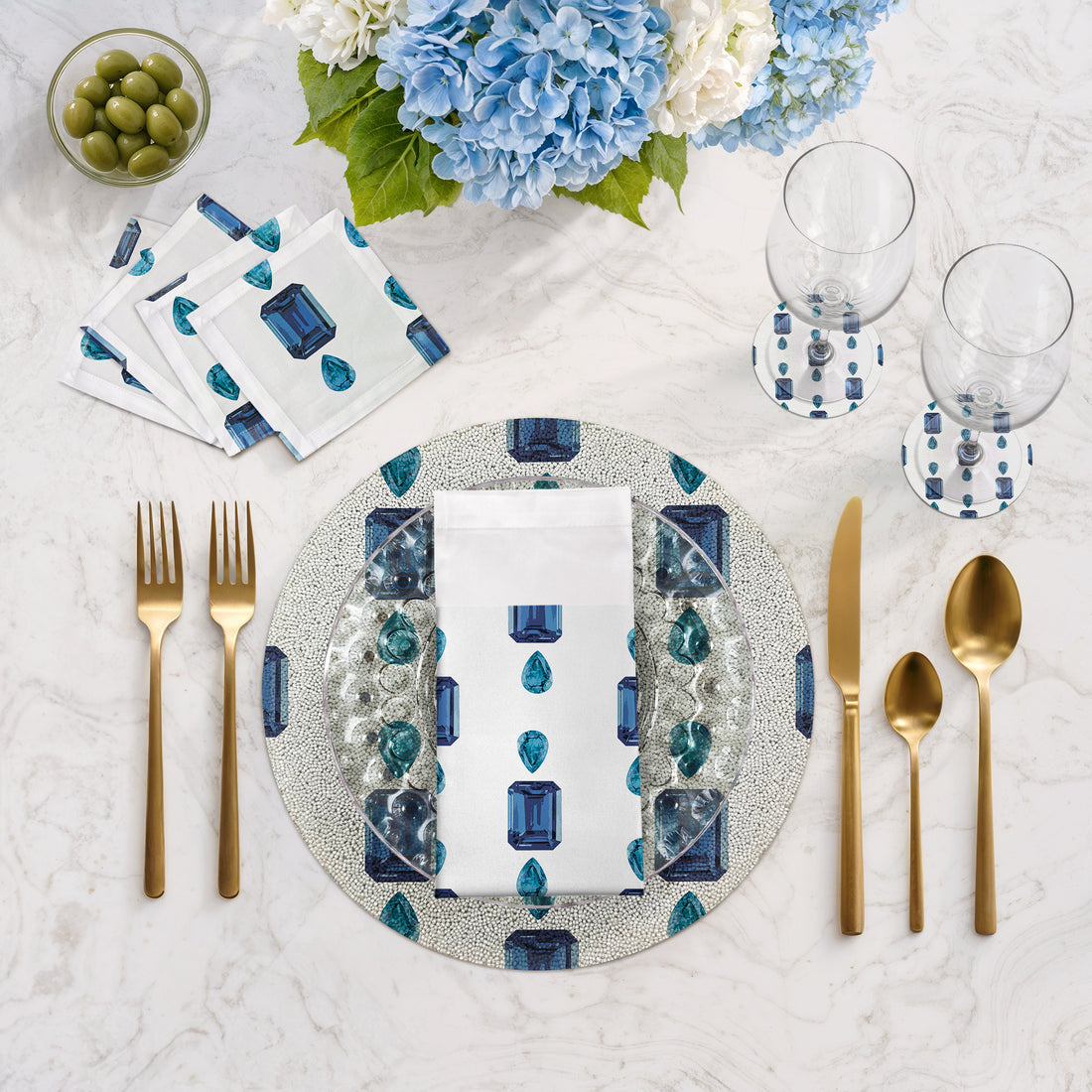 Gem Sapphires White Round Beaded Placemat Smooth