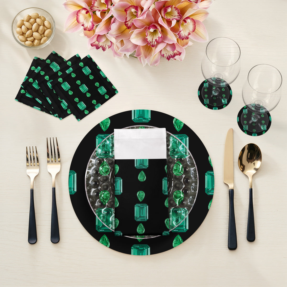 Gem Emeralds Tischset, rund, Kieselsteine, Schwarz, 40,6 cm, 4er-Set
