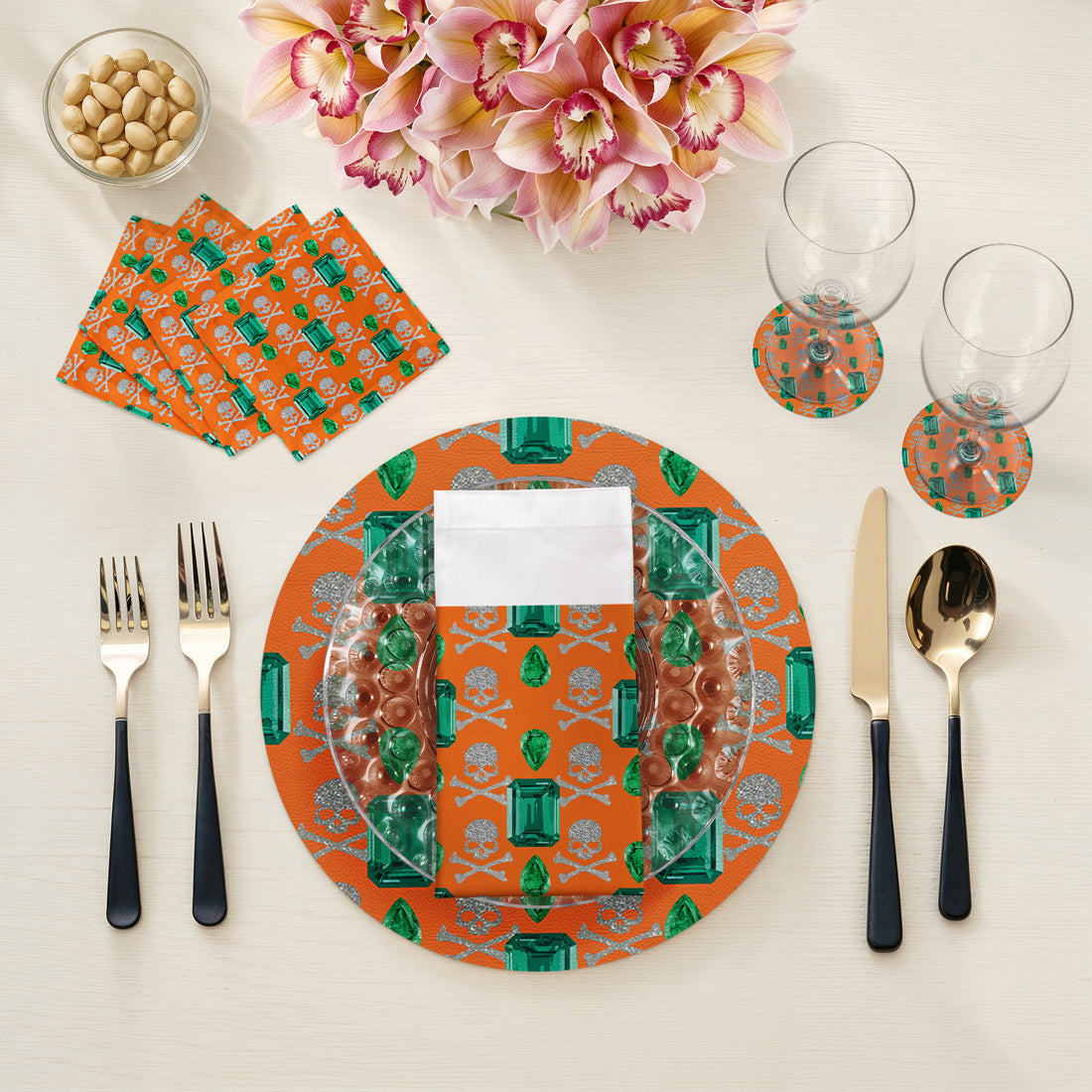 Gem Emeralds Skull Orange 16" Round Pebble Placemat Set of 4 - nicolettemayer.com
