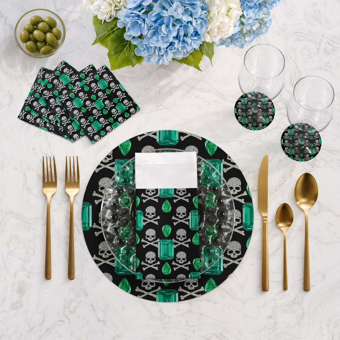 Gem Emeralds Skull Vegan Leather Round Pebble Placemat
