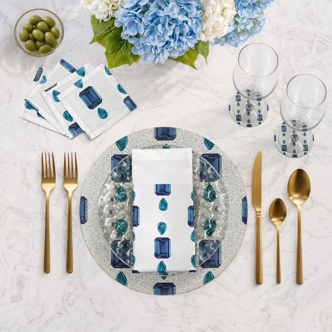 Gem Sapphires White Round Beaded Placemat Smooth