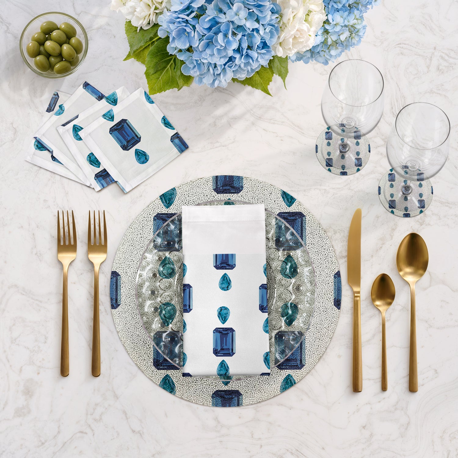 Gem Sapphires White Round Beaded Placemat Smooth