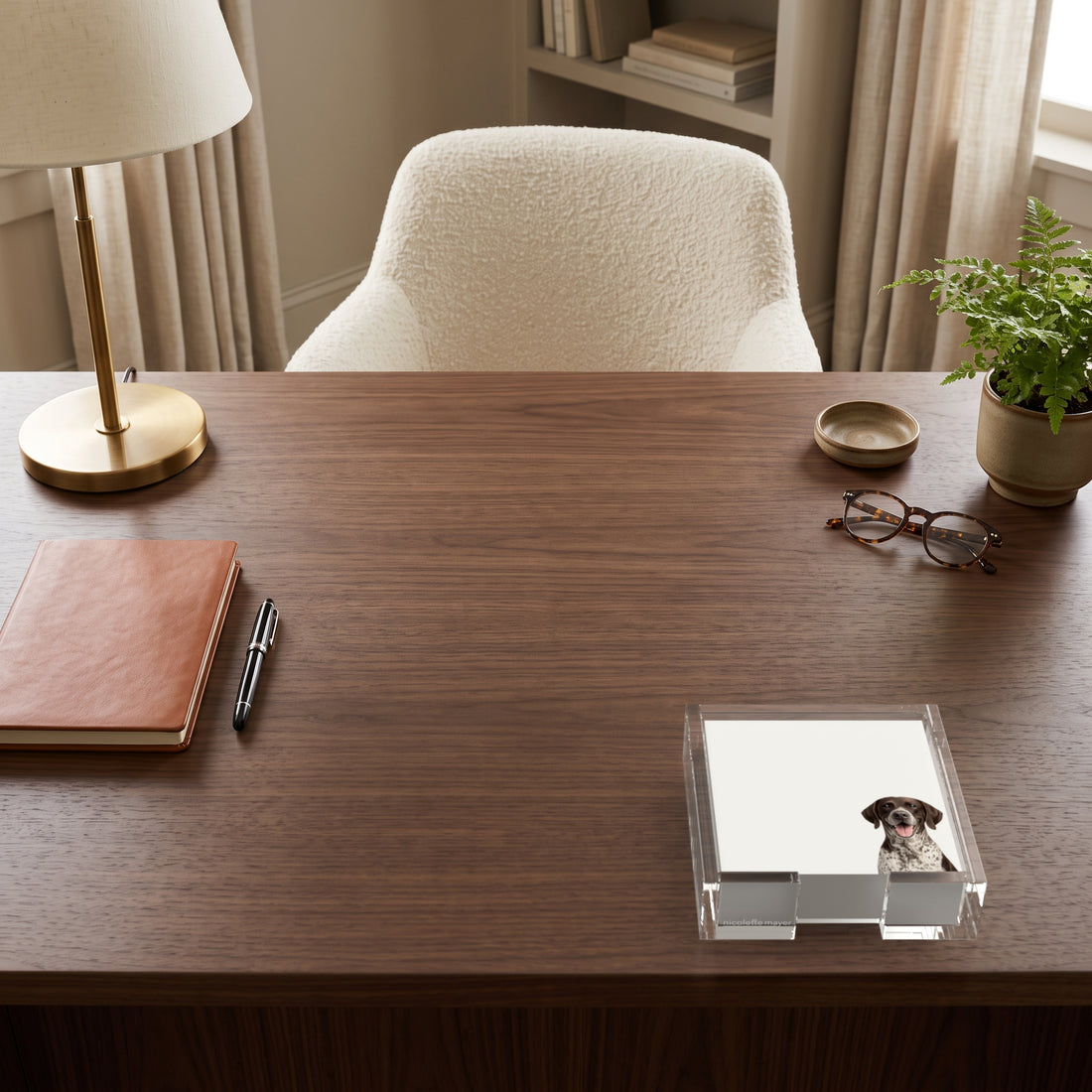 German Shorthaired Pointer dog note cards in a clear acrylic holder on a walnut desk, by Nicolette Mayer