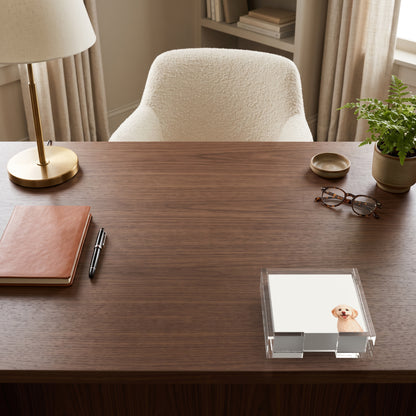 Goldendoodle dog note cards in a clear acrylic holder on a walnut desk, by Nicolette Mayer