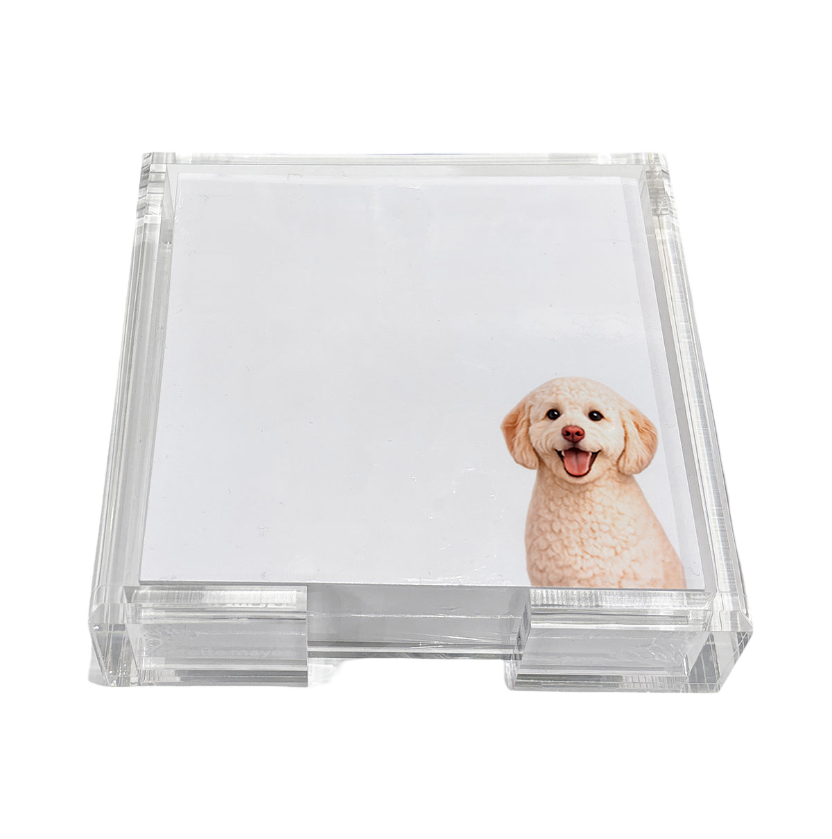 Goldendoodle dog note cards in a clear acrylic holder by Nicolette Mayer