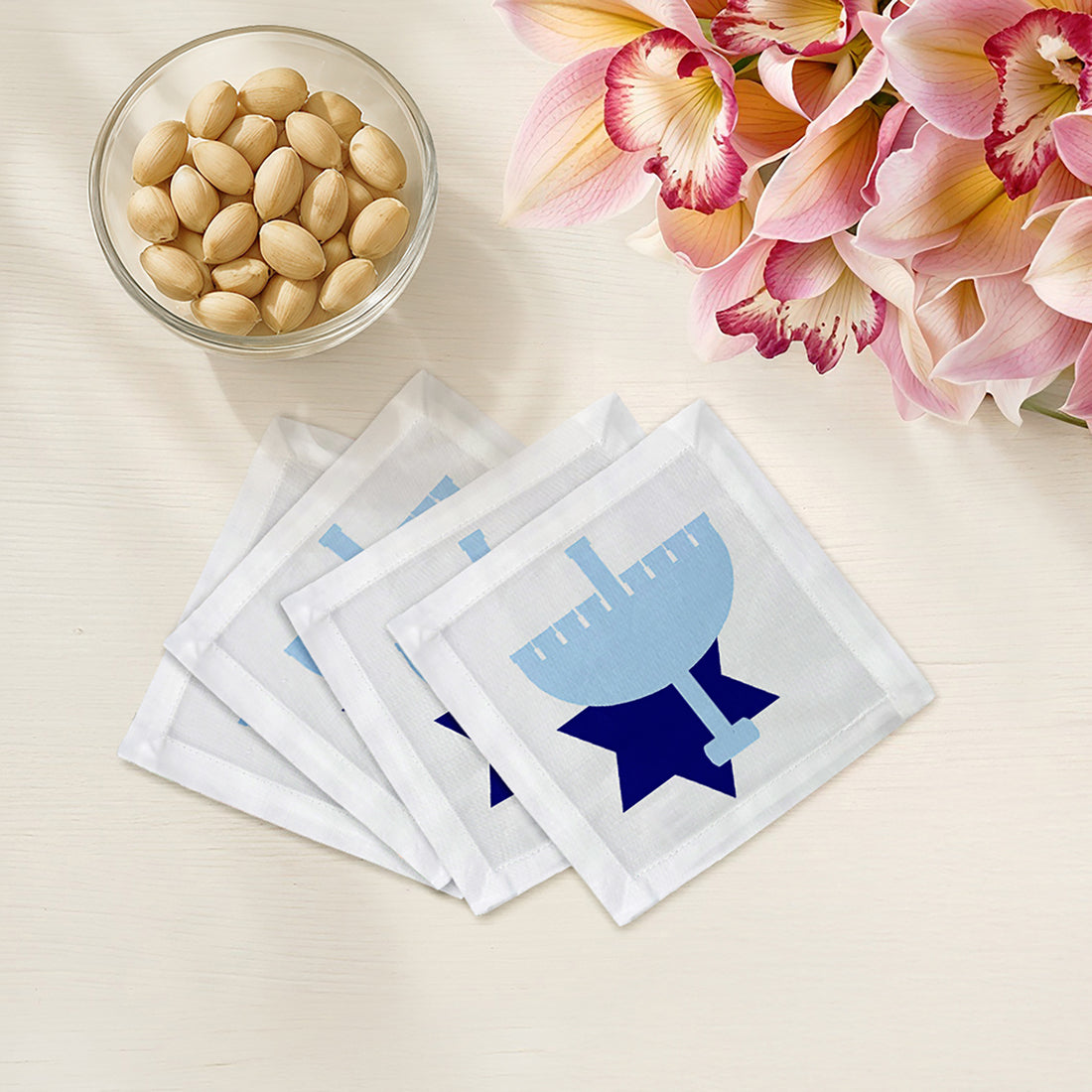 Menorah 6X6 6X6" Hemstitch Cocktail Napkins Set of 4 - nicolettemayer.com