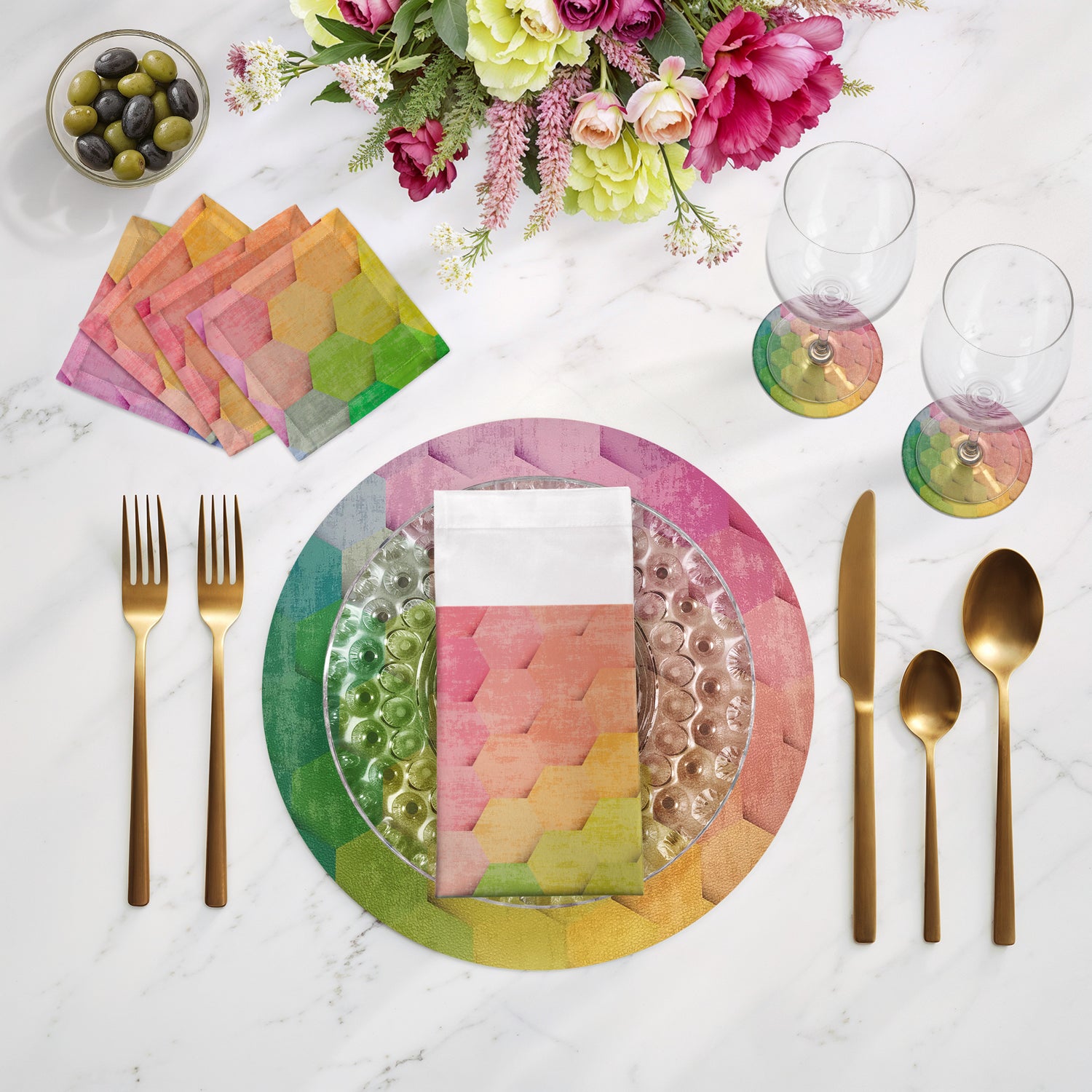 Hex Pink Yellow Green Vegan Leather Round Pebble Placemat