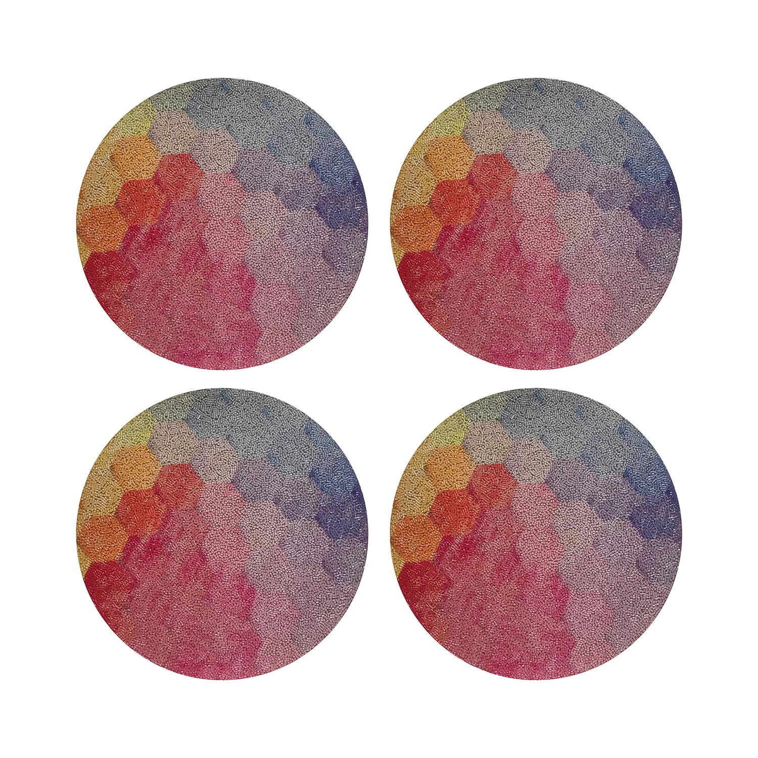 Hex Red Orange Blue Round Beaded Placemat Rough Cut