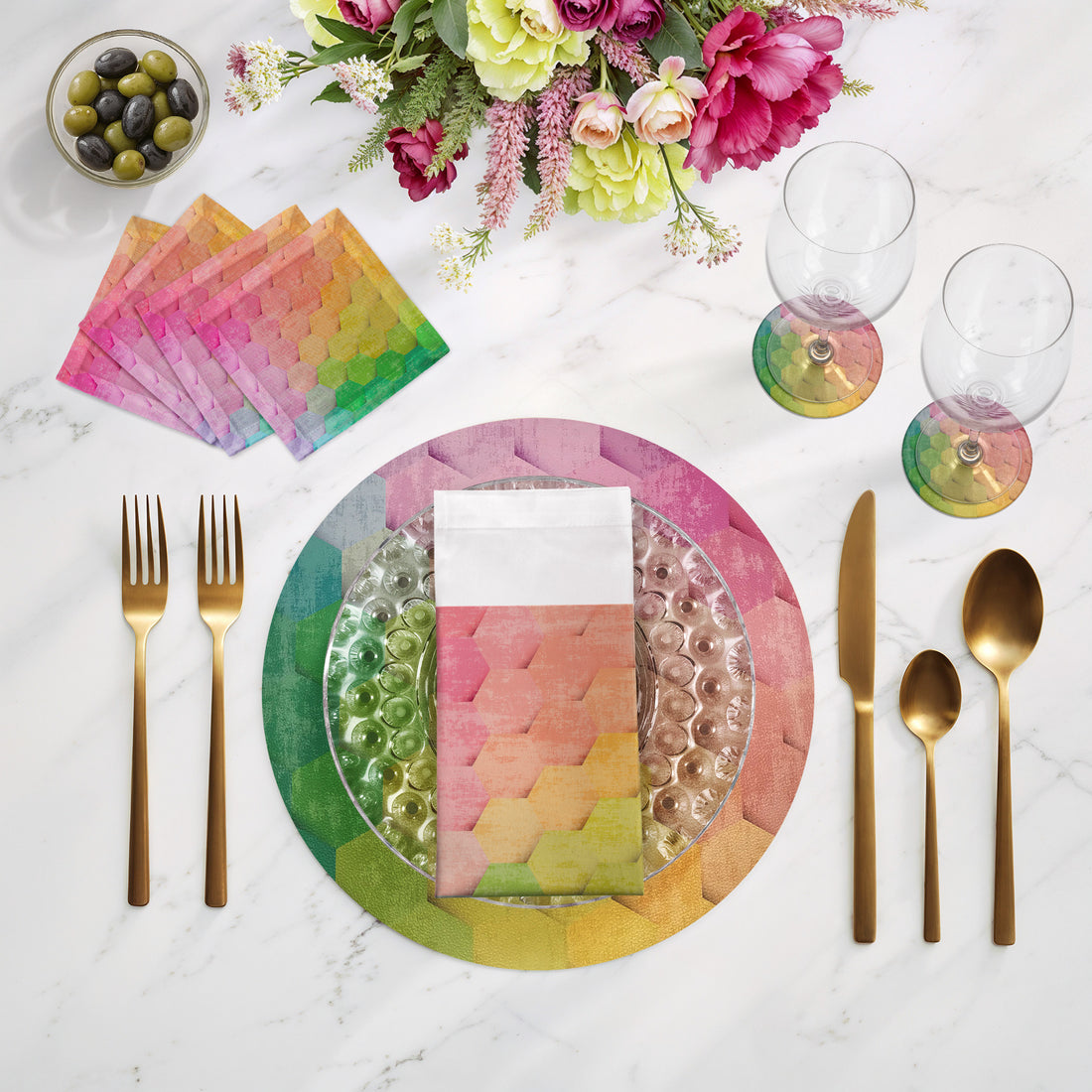  Hex Pink Yellow Green 16" Round Pebble Placemats, Set of 4 - nicolettemayer.com
