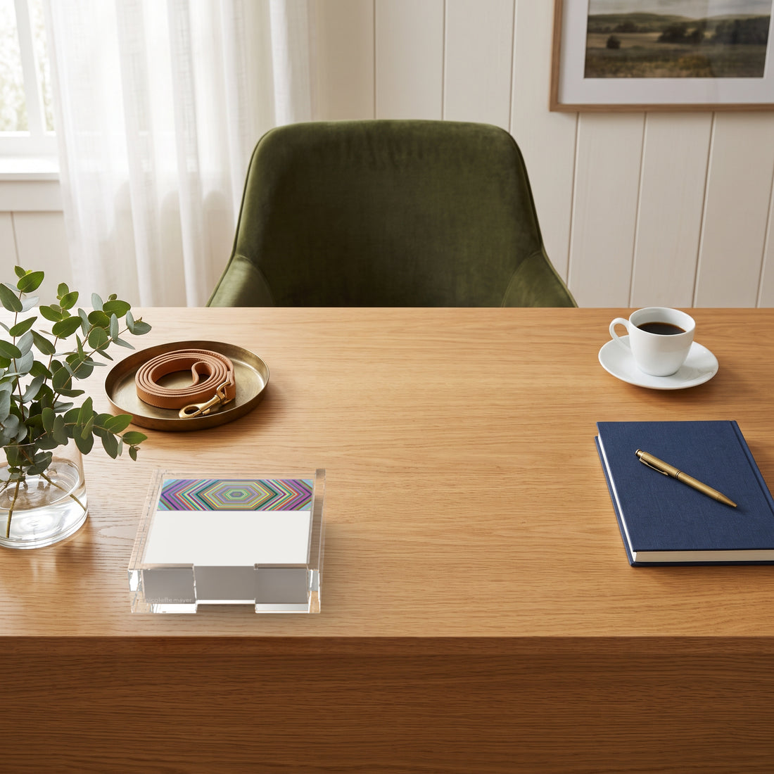 Hex Dylan note cards in a clear acrylic holder on an oak desk by Nicolette Mayer
