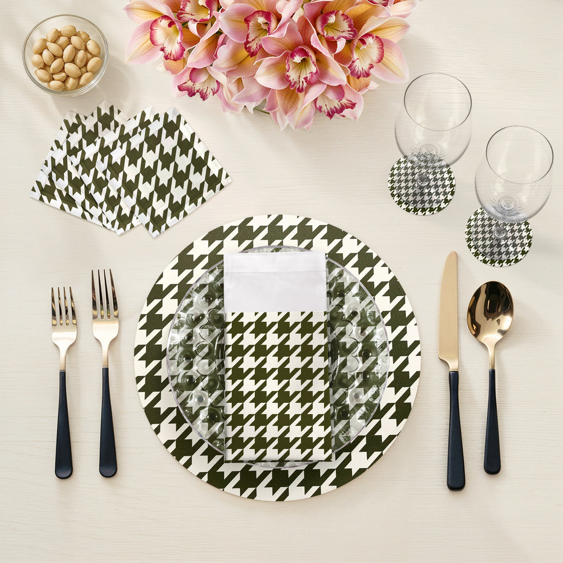 SET DE TABLE RONDS PIED-DE-POULE VERT BLANC 16 GALETS, LOT DE 4