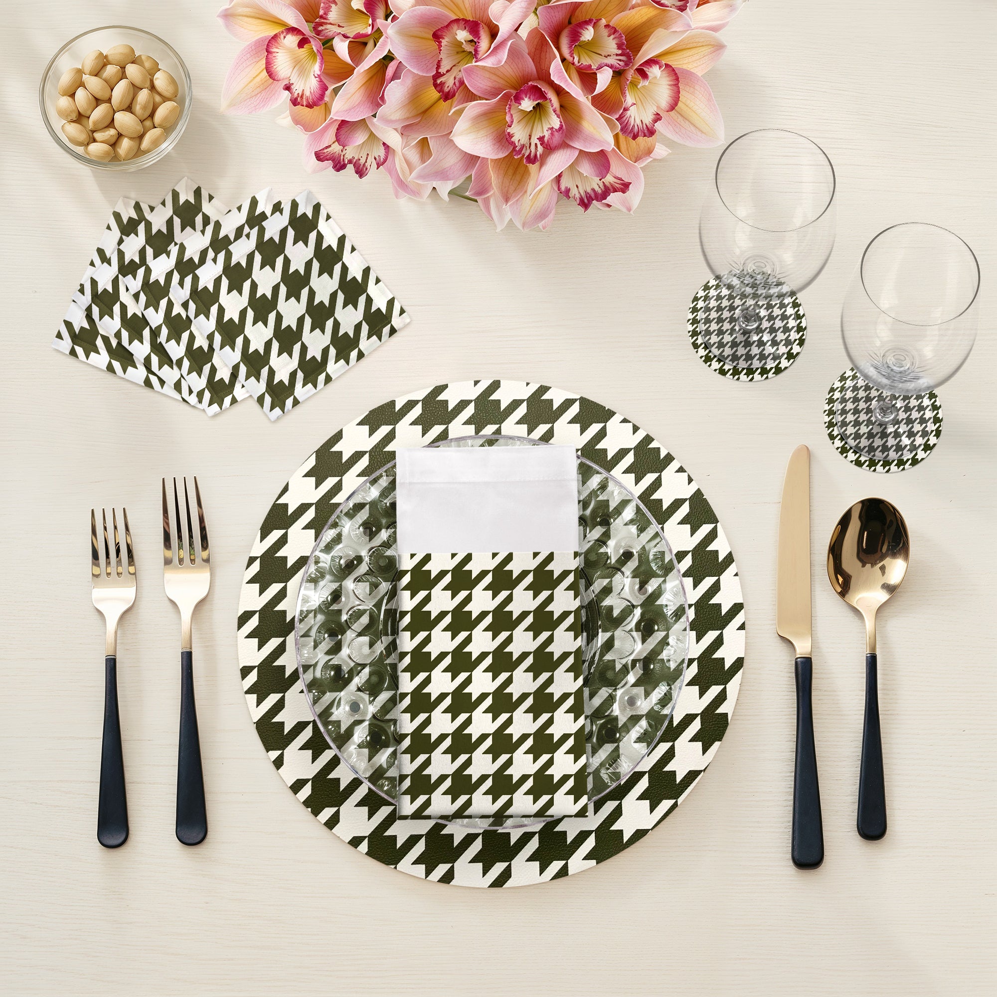 SET DE TABLE RONDS PIED-DE-POULE VERT BLANC 16 GALETS, LOT DE 4