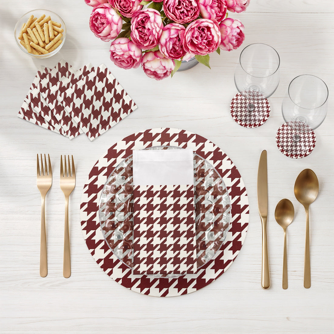 SET DE TABLE RONDS PIED-DE-POULE ROUGE BLANC 16 GALETS, LOT DE 4