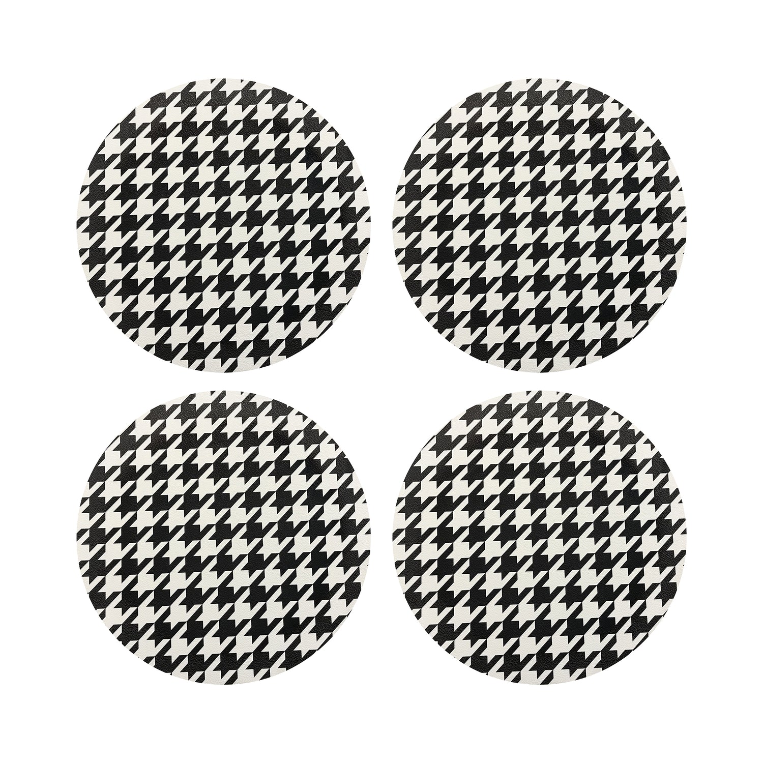 Houndstooth Black White Vegan Leather Round Pebble Placemat