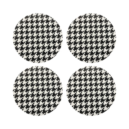 Houndstooth Black White Vegan Leather Round Pebble Placemat