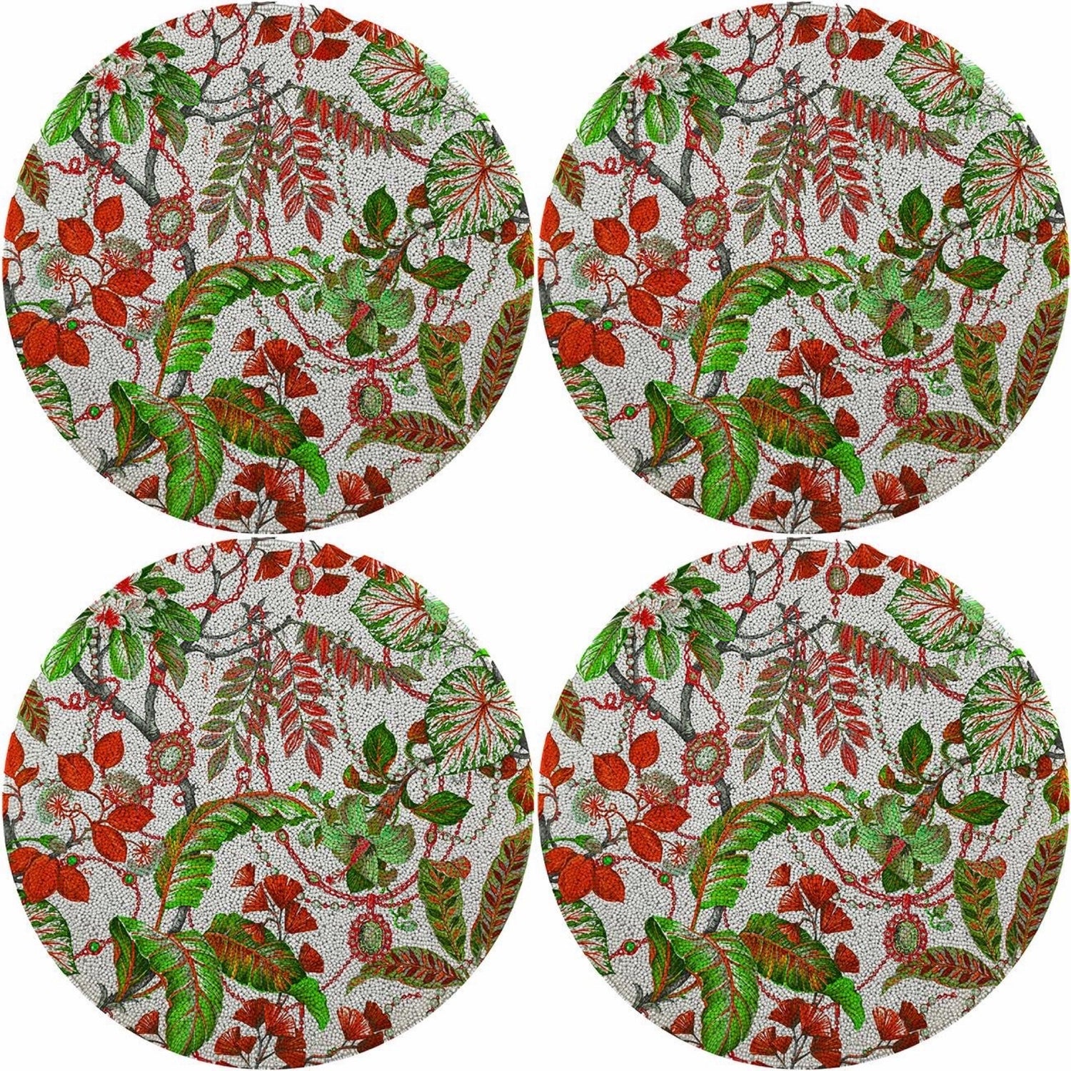 Plumeria Red Greenl 16 Round Smooth Beaded Placemat - Set of 4