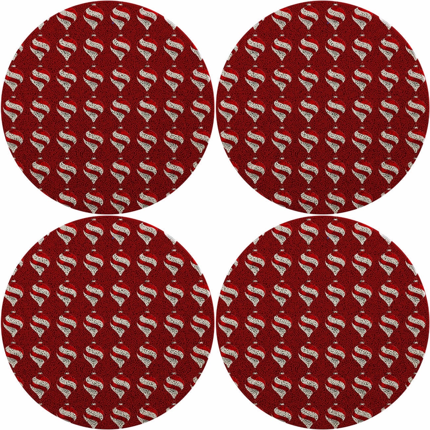 Xmas Ornament Red16 Round Beaded Smooth - Set of 4