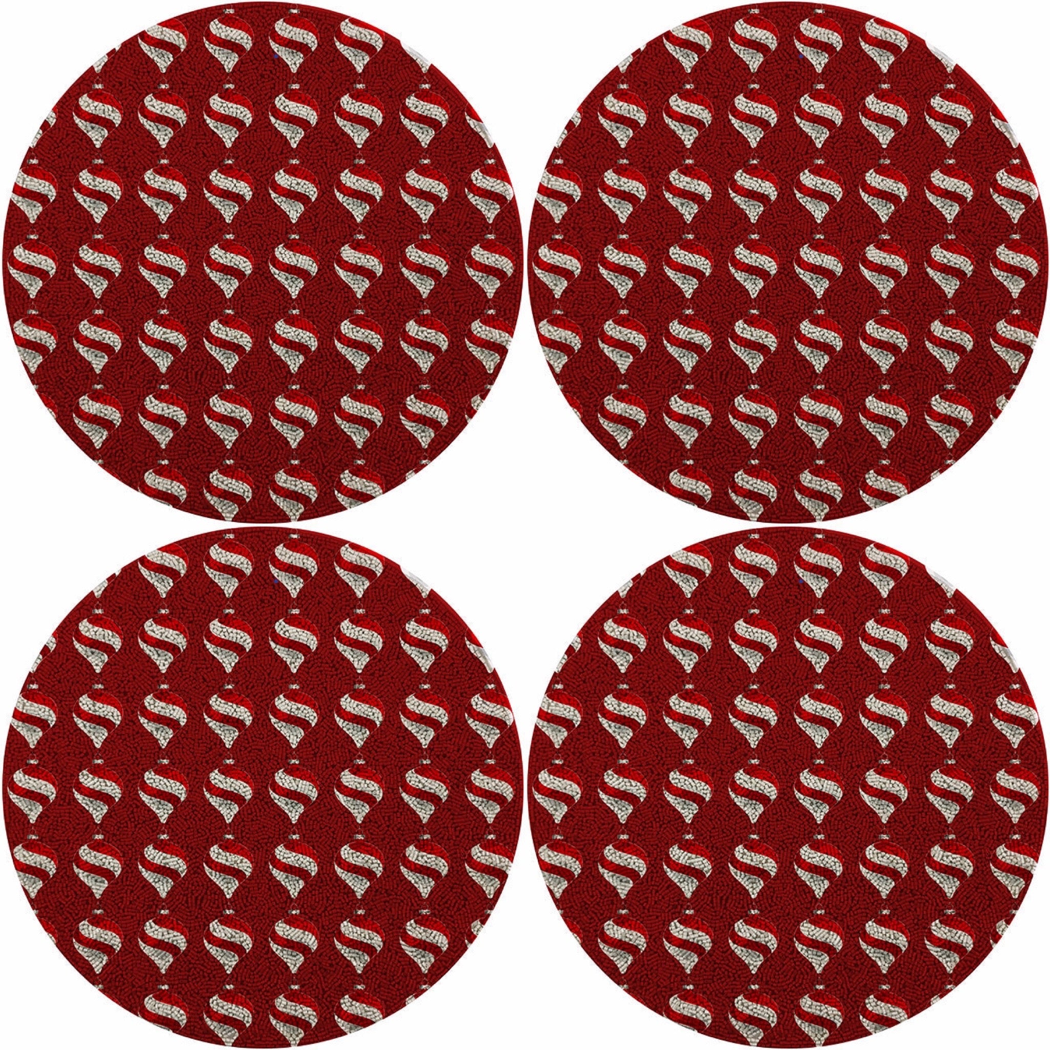 Xmas Ornament Red16 Round Beaded Smooth - Set of 4