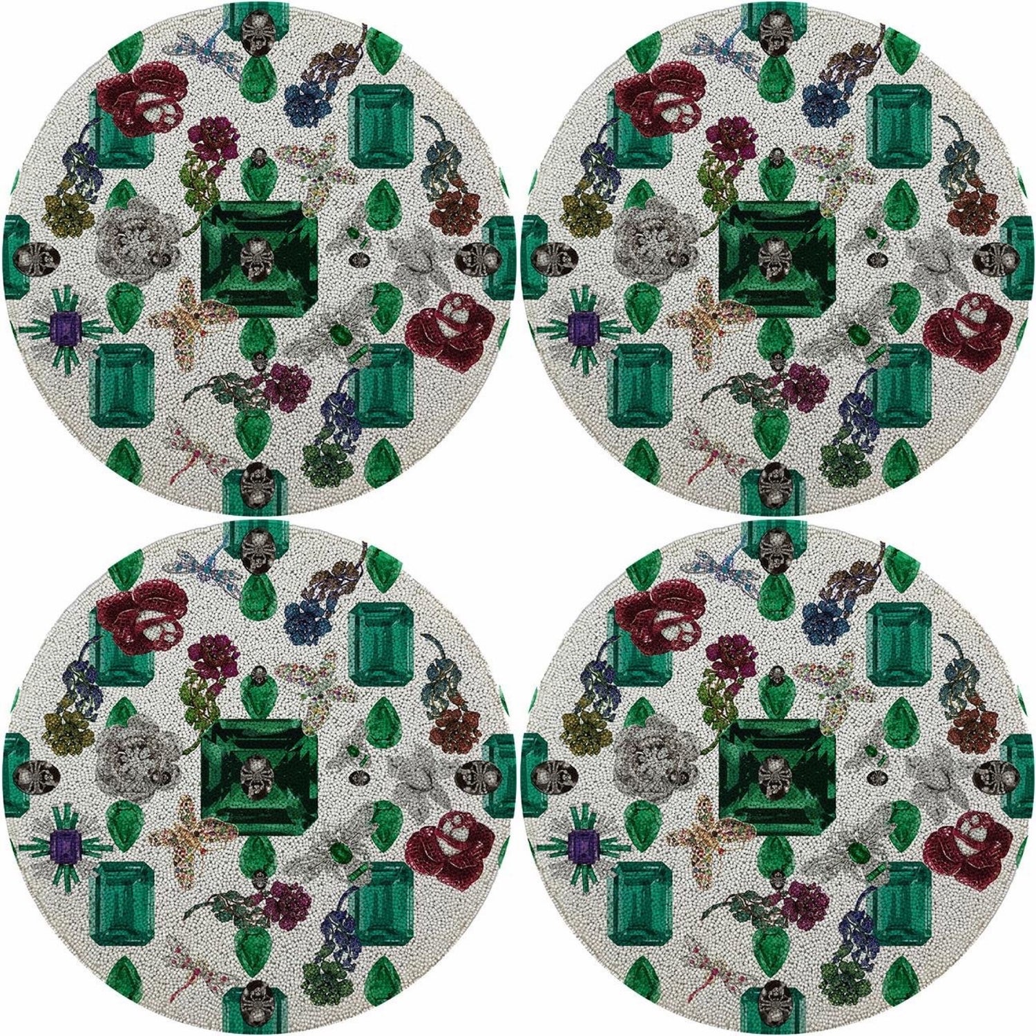 Jewel Box Emeralds White 16 Round Beaded Smooth - Set of 4